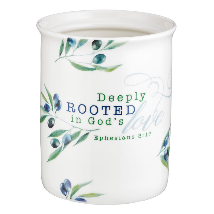 Deeply Rooted in God’s Love Ceramic Kitchen Utensil Holder - Ephesians 3:17